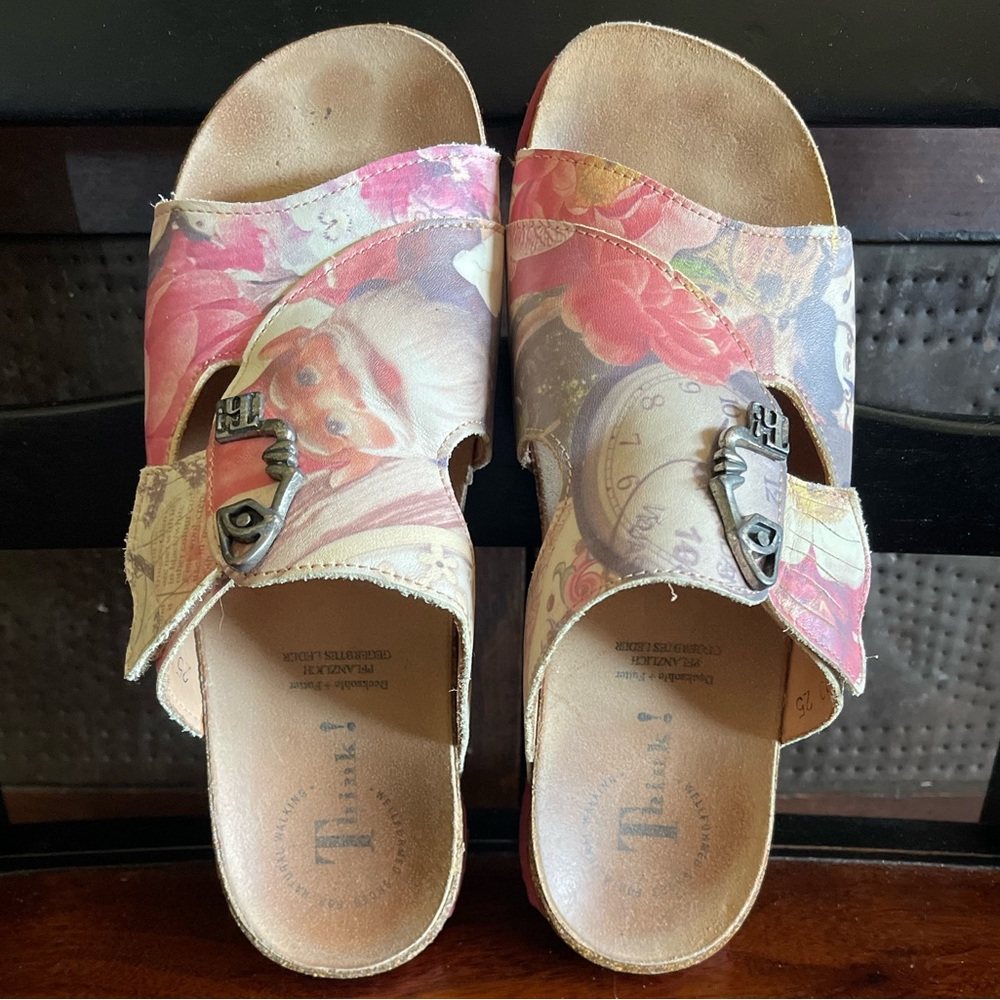 Think! Mizzi Multicolor Slides Sandals with Gnome, Clock, Flowers